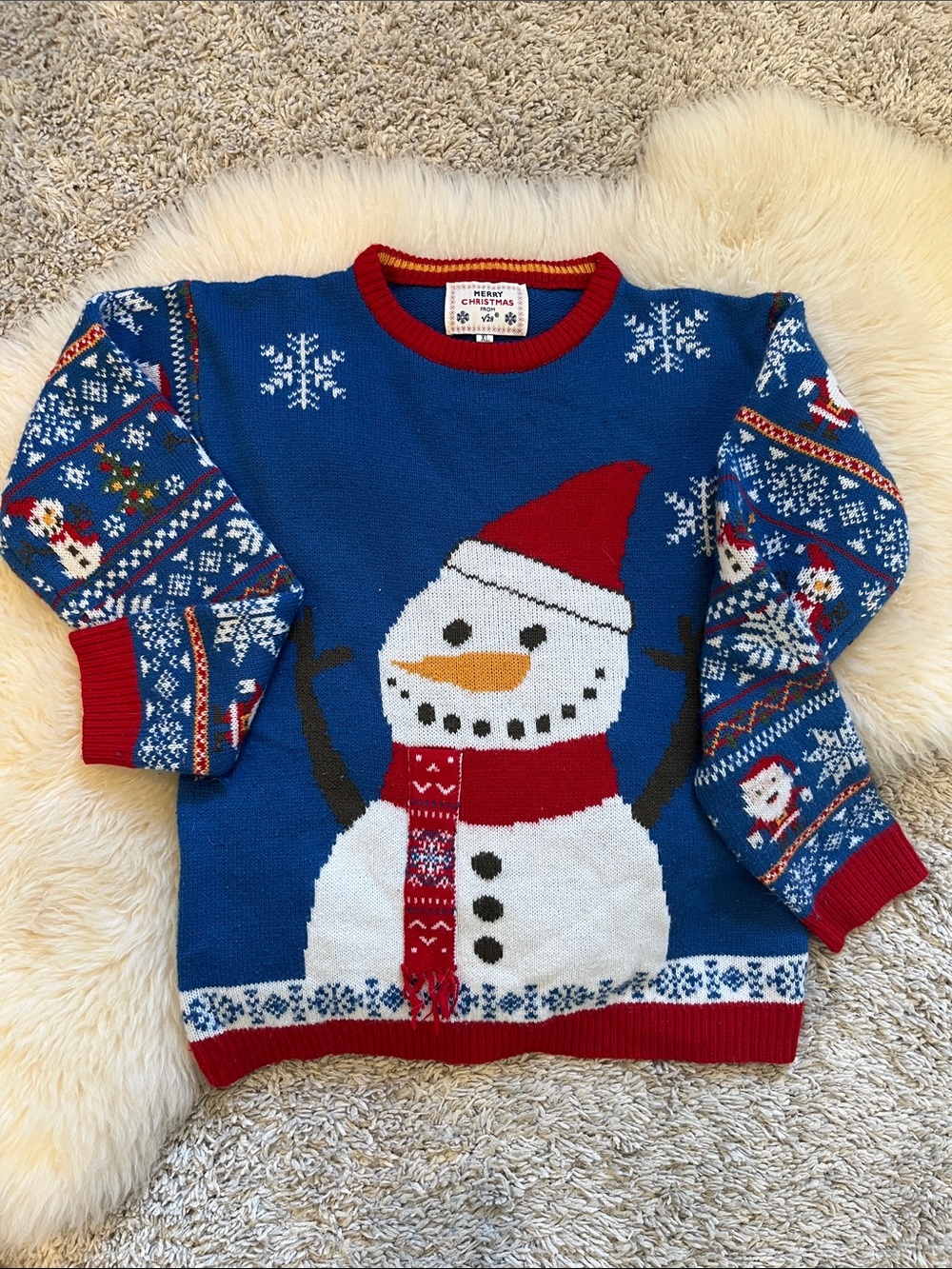 Kids Christmas Snowman Knit Sweater - Blue & Red